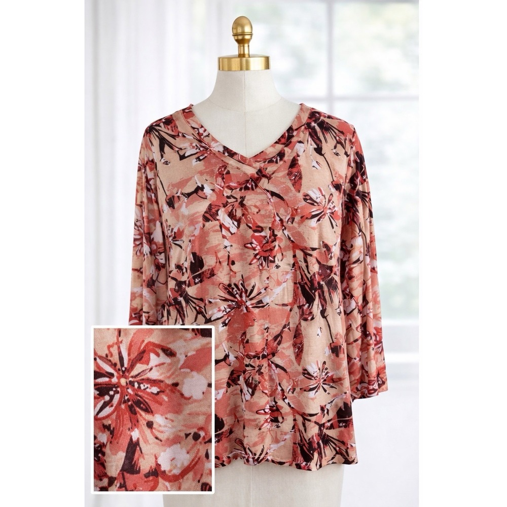 Denim & Co Popover Top Knit Vibrant Orange Tropical Print 3/4‎ Sleeves Large